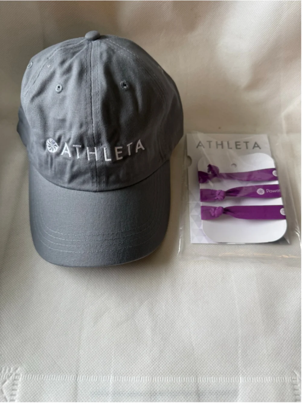 NEW Athleta Gray Logo Cotton Hat and Purple Hair tie Set one size